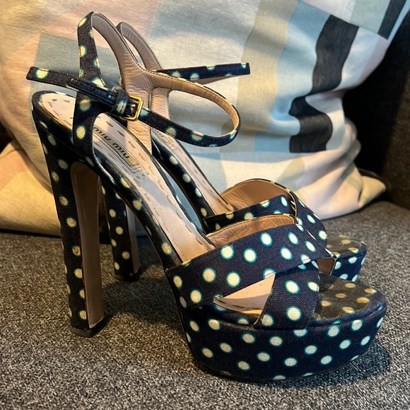 Miu Miu platform, 6 inch polka dot open toe heels from Nordstrom. Size 37 - Picture 1 of 11